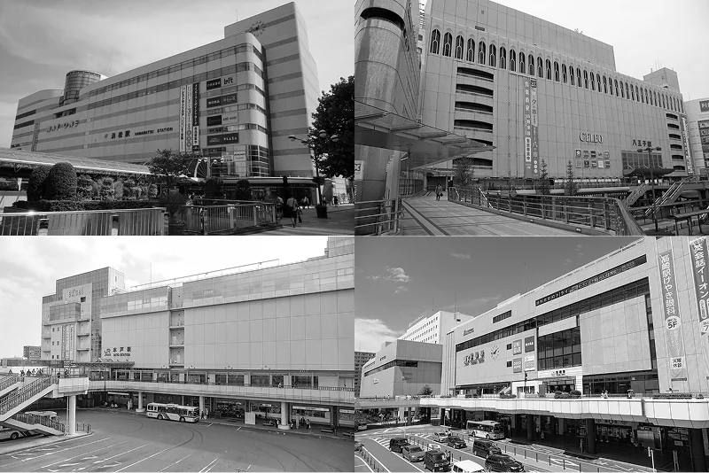 Station exit grid views of Takasaki, Mito, Hachioji, Hamamatsu showing nearly identical urban designs.